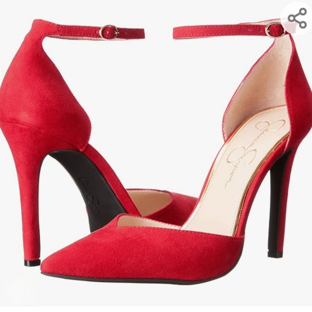 Jessica Simpson Red Suede Pointed-Toe Ankle-Strap Heels